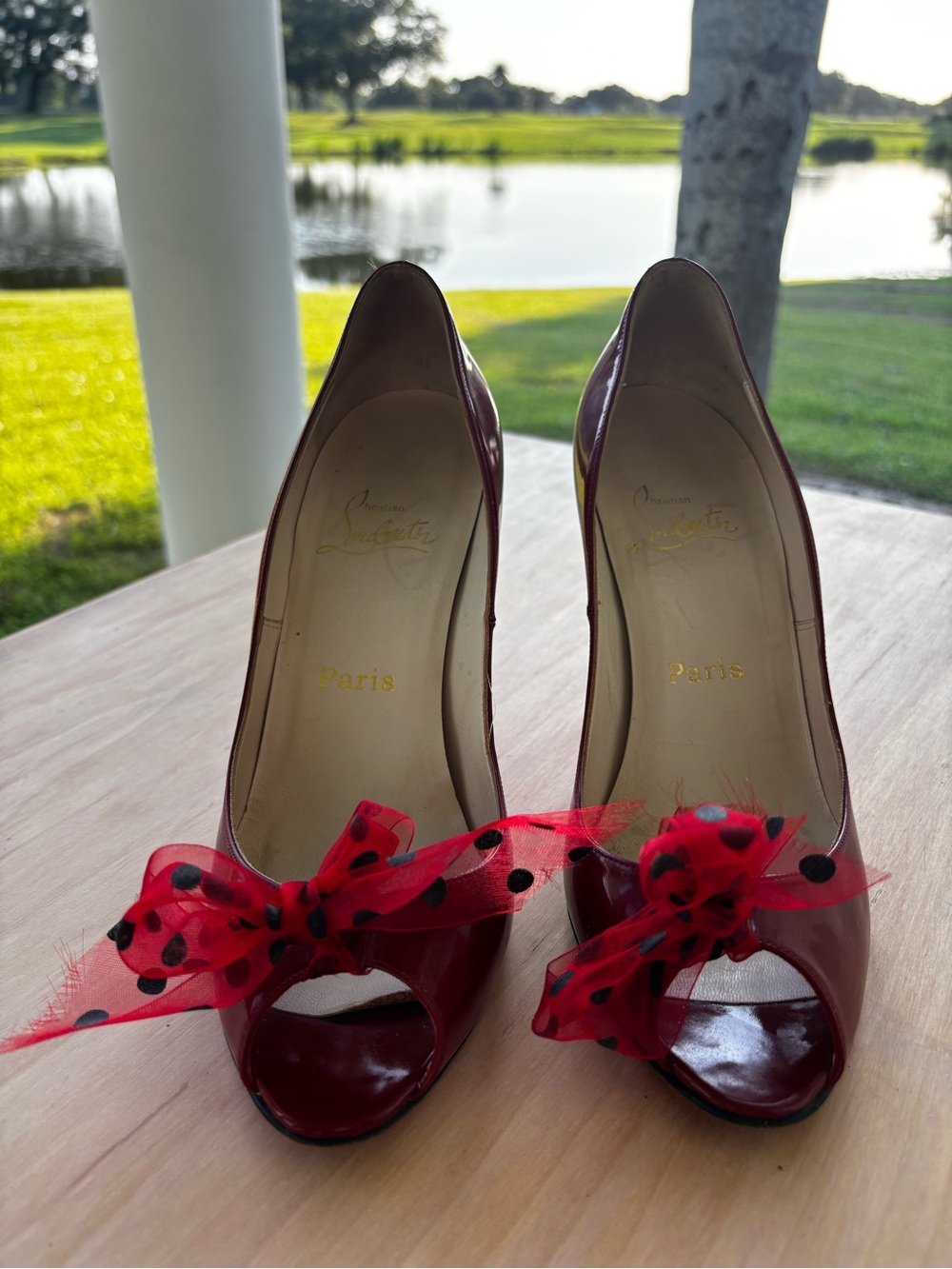 Christian Louboutin Red Patent Peep-Toe Heels with Polka Dot Organza Bows
